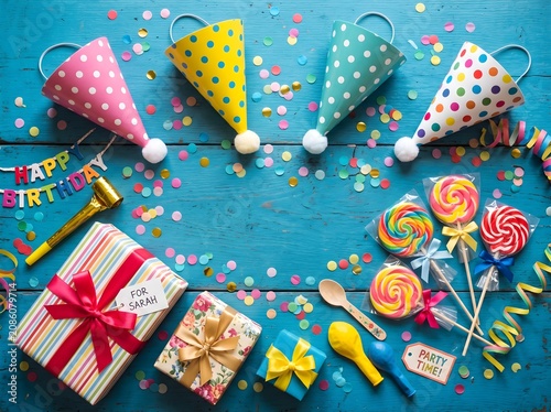 Colorful birthday party decorations and gifts.