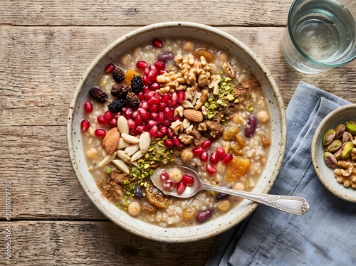 A bowl of oatmeal with fruit and nuts on a wooden table.