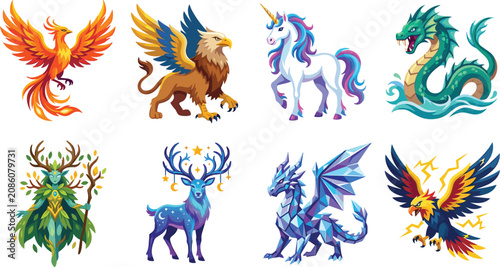 Mythical Creatures Vector Illustration Set Featuring Dragon Phoenix Unicorn Griffin and Fantasy Beasts