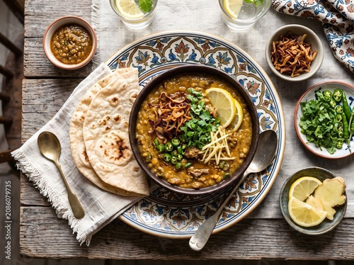 A bowl of dal served with naan bread.