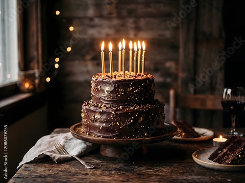 A chocolate cake with lit candles on a wooden table indoors.