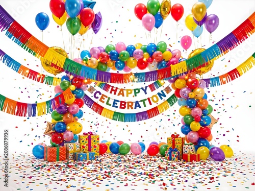 Colorful balloons and confetti celebrating a happy party.