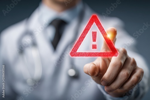 Hand Pointing to Red Warning Symbol Over Blurred Doctor in Medical Coat finger click
