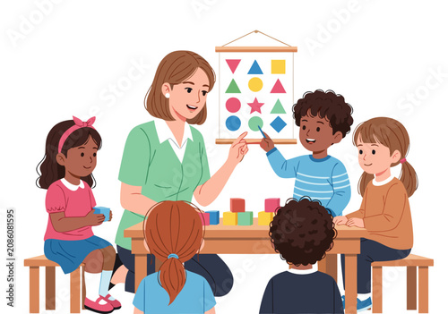 A teacher showing educational shapes to children sitting around a table indoors