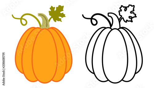 Set of pumpkins: colorful version and outline coloring page. Printable activity for children to learn colors and shapes. Simple vector design for early development.