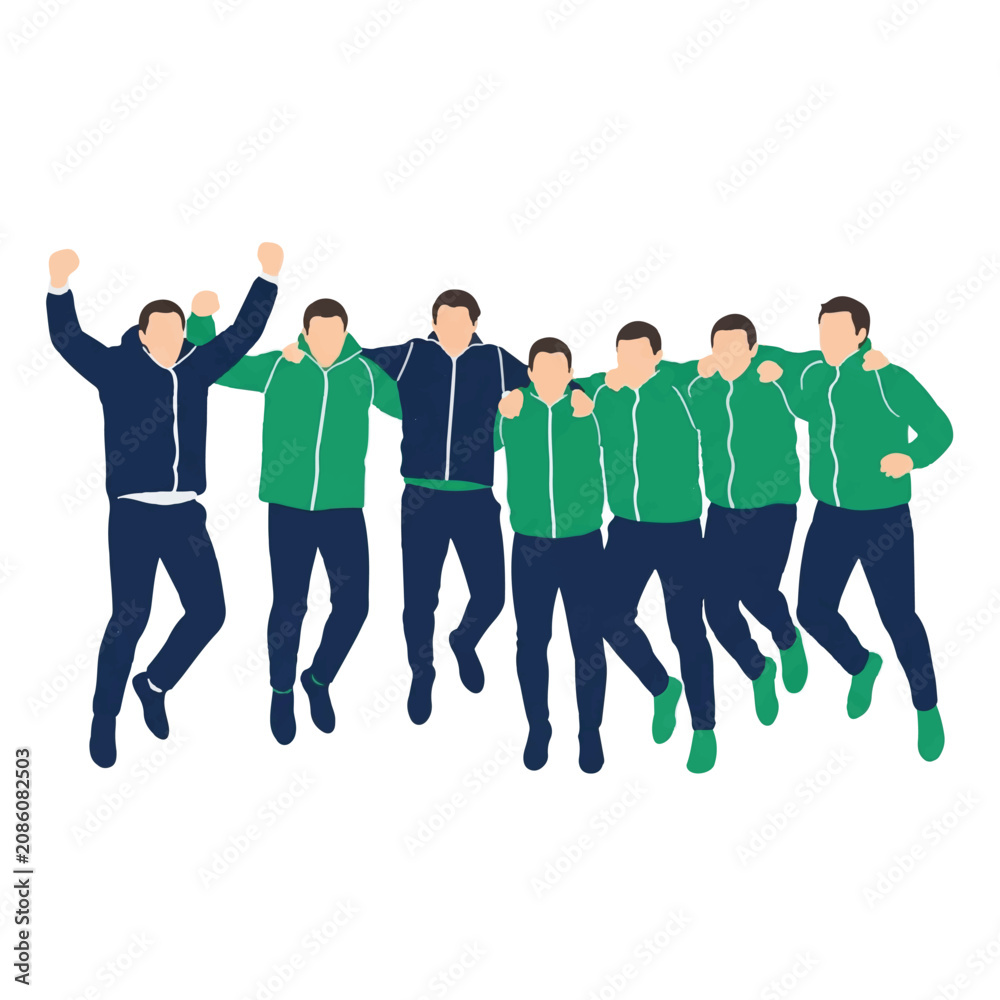 Fototapeta premium A coach and substitute players jumping together at the sidelines in euphoria, collective team celebration, solid block colors of tracksuit navy and green, minimalist flat vector artwork, clipart