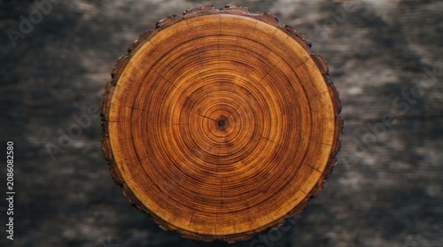 Photos A top-down view of a circular wooden log slice showing detailed tree rings and natural bark texture