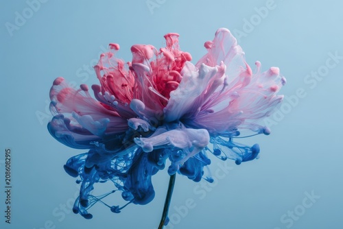 Vibrant Pink and Blue Ink Splatter Flower Blooming Against Light Blue Background petals