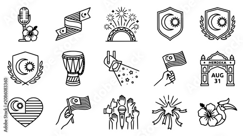 Konstfotografi Malaysia National Day Icons: Flag, Merdeka Arch, Fireworks, Hibiscus, Drum, Micr