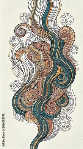 a vertical arrangement features multicolored flowing lines and concentric spiral motifs rendered in a graphic, linear art style against a solid off-white background.