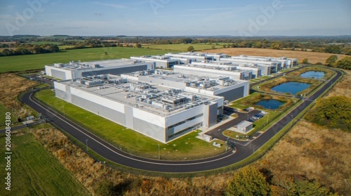 Foto An aerial view of a large modern data center complex surrounded by rural landscape and drainage ponds