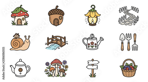 Whimsical Garden Icons: Fairy Houses, Nature Elements, and Tools