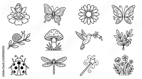 Whimsical Nature Icons: Fairy, Butterfly, Mushroom, Dragonfly, Ladybug