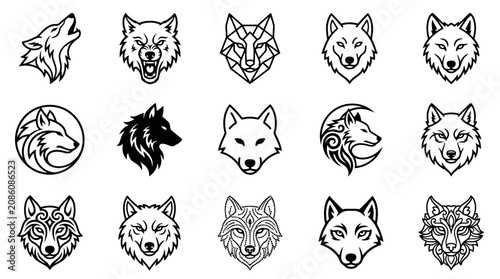 Wolf Head Icons Set: Line Art & Geometric Designs