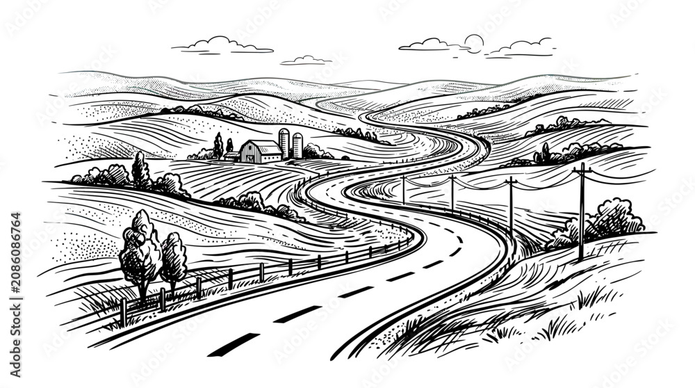 Obraz premium Winding Road Through Rural Landscape Sketch
