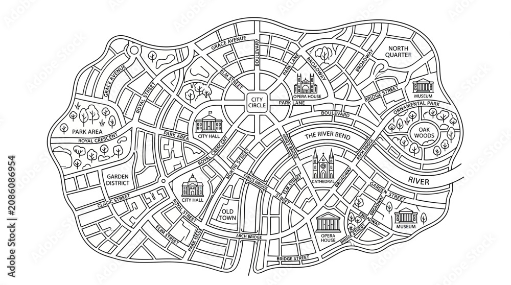 Obraz premium Urban City Map Sketch: Concentric Streets, Buildings, Parks, River