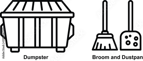Cuadro en lienzo Trash cleaning service icons featuring dumpster, broom, and dustpan for waste ma