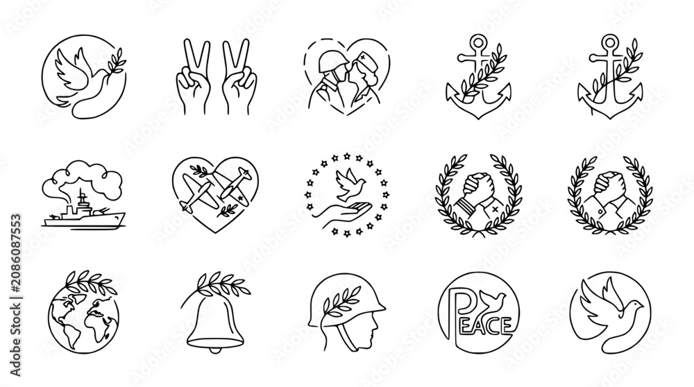Fototapeta premium Peace Symbols: Doves, Hands, Hearts, Anchor, Military, Earth, Bell, Helmet, Word Peace