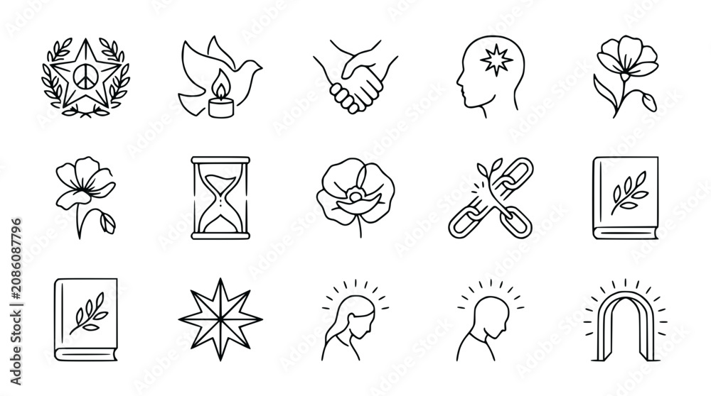 Fototapeta premium Symbols of Peace, Hope, Remembrance, Unity, and Knowledge - Line Art Icons