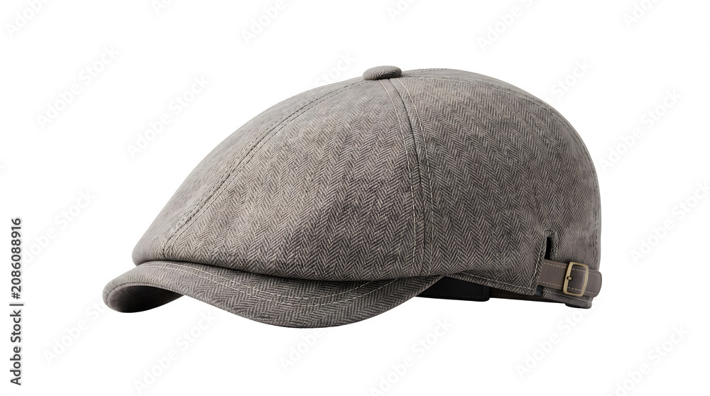 Fototapeta premium Vintage grey newsboy cap isolated on white, classic wool flat cap for men, stylish herringbone ivy hat with adjustable buckle, retro headwear fashion accessory