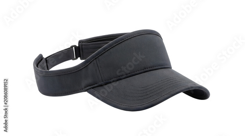 Black sun visor hat mockup, blank athletic headwear for sports and golf, adjustable cotton sunshield cap isolated on white background