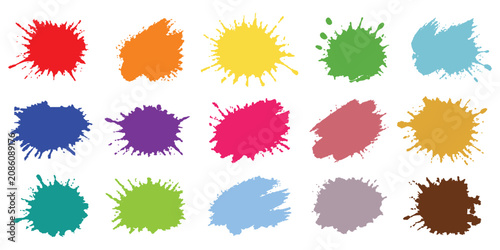 Splats of colorful paint in various vibrant hues and textures featuring splat, texture, and art with brush and stroke elements for creative design projects.