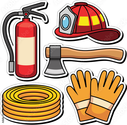 Labor Day Firefighter Equipment And Emergency Rescue Tools Sticker Sheet Vector