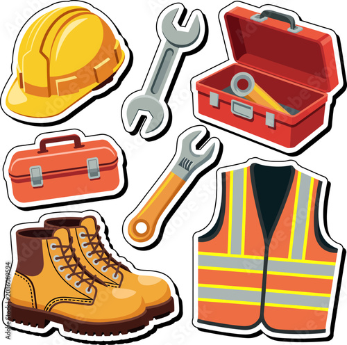Labor Day Construction Worker Tools And Safety Gear Sticker Sheet Vector
