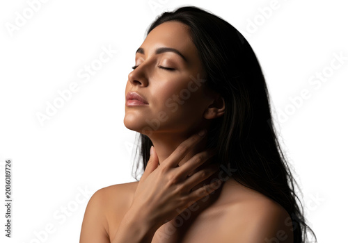 Beautiful woman with glowing skin touching her neck isolated on transparent background