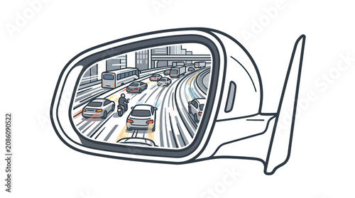 Tableau sur toile Rearview mirror reflecting busy highway traffic, city skyline in distance