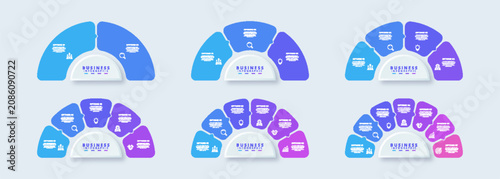 Collection of six semi-circular business infographic templates with 2, 3, 4, 5, 6, and 7 steps, featuring modern gradient blue and purple design, vector icons, and text placeholders.