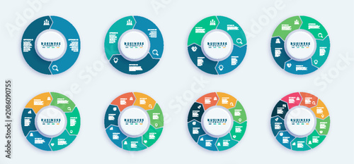 Set of eight circular business infographic templates featuring 2, 3, 4, 5, 6, 7, 8, and 9 steps. Modern vector layout with colorful segments, linear icons, and editable text placeholders.