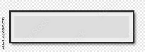 Horizontal panoramic black picture frame with white matting and light gray placeholder insert isolated on background with soft shadow for photography and art mockup.