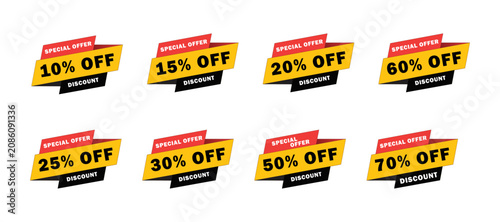 Multiple discount labels with different percentages off on a white background