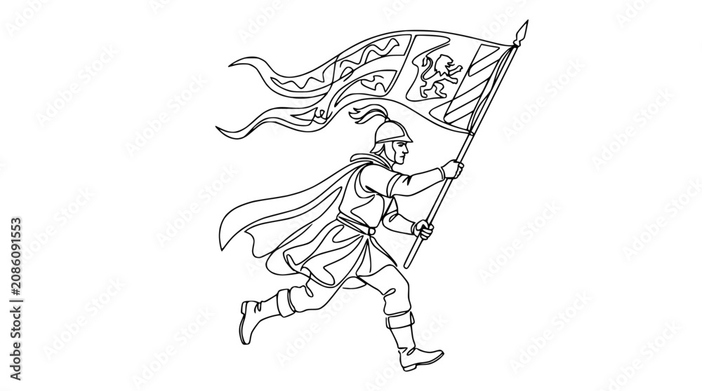 Fototapeta premium Knight in armor running with a waving banner, historical warrior, medieval illustration, single line art