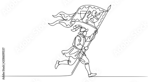 Foto Renaissance Knight Running with Heraldic Banner, One Line Art