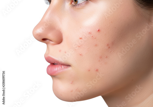 Profile view of a young woman with acne on her face isolated on transparent background