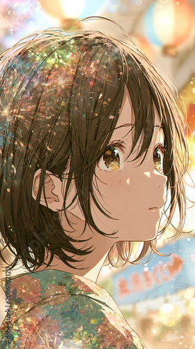 Anime illustration close-up portrait of a girl in yukata looking back at a Japanese summer festival with fireworks sparkling over her hair and lantern bokeh,夏祭りで振り返る浴衣の少女のクローズアップ　髪に重なる花火の光と提灯のボケ