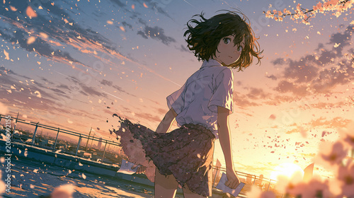 Anime illustration of a girl looking back on a school rooftop at sunset with cherry blossom petals dancing in the wind, emotional spring youth scene,夕暮れの学校の屋上で振り返る少女と舞い散る桜の花びら　青春のエモーショナルなアニメイラスト