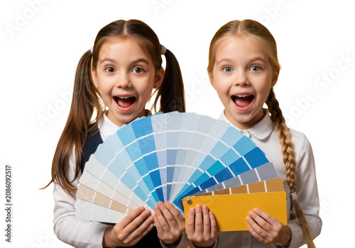 Two excited young girls holding a blue color palette isolated on transparent background