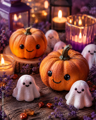 Cute Halloween decoration with smiling pumpkins, little ghost figures, glowing candles and purple lanterns on rustic wood, kawaii cozy holiday scene,笑顔のかぼちゃと小さなおばけ、キャンドルと紫のランタンを並べたかわいいハロウィンの飾り付け　温かな夜