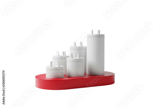 Set of white cylindrical containers on a red oval base isolated on transparent background