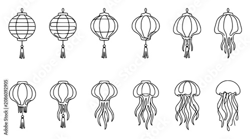 Photography Collection of hand-drawn lanterns and jellyfish line art vector illustrations