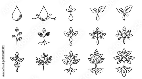 Bild auf Leinwand Hand-drawn botanical icons: water drop, seedling, growing plant, flourishing tre