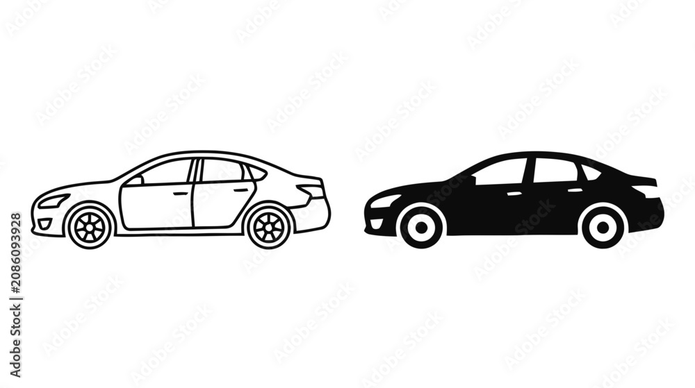Fototapeta premium Vector illustration of set of two car icons, outline and silhouette style, on a transparent background
