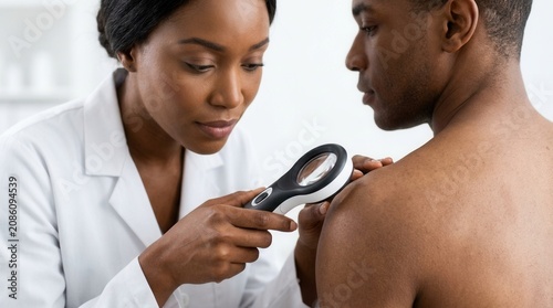 Medical professional using a magnifying device to inspect skin pigment on a man's back.