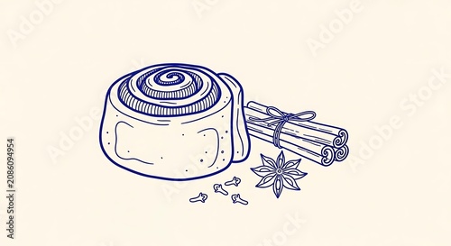 Line art drawing of cinnamon roll with spices cinnamon culinary breakfast