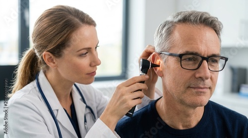 Medical professional conducting an ear check with an otoscope for a male patient.