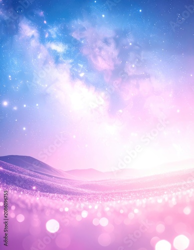 A fantastical landscape bathed in cosmic light with rolling hills covered in shimmering particles and a vibrant nebula in the sky.