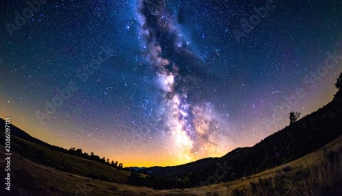 The Milky Way galaxy arcs across a starry night sky above a silhouetted forest and rolling hills.